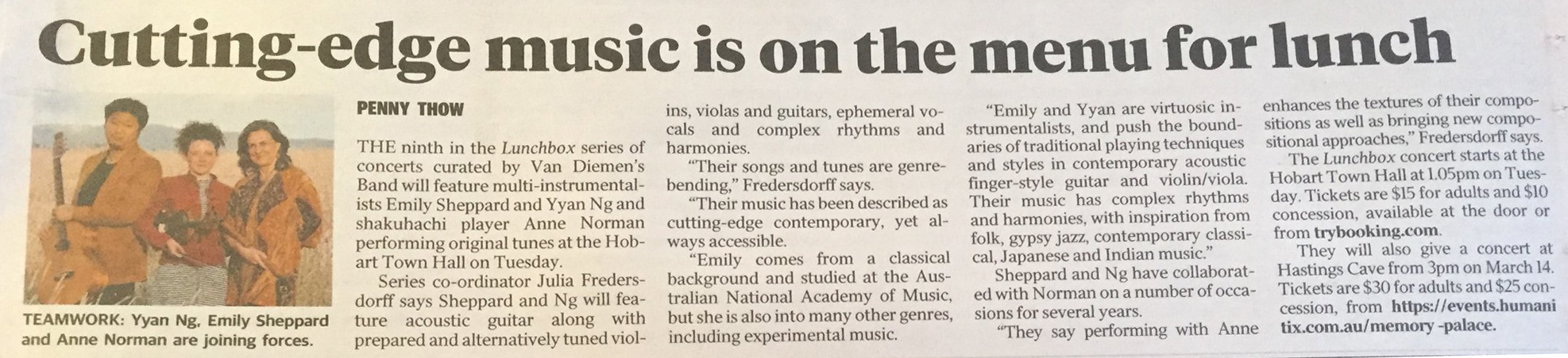Newspaper clipping "Cutting Edge music" from a rag in Hobart